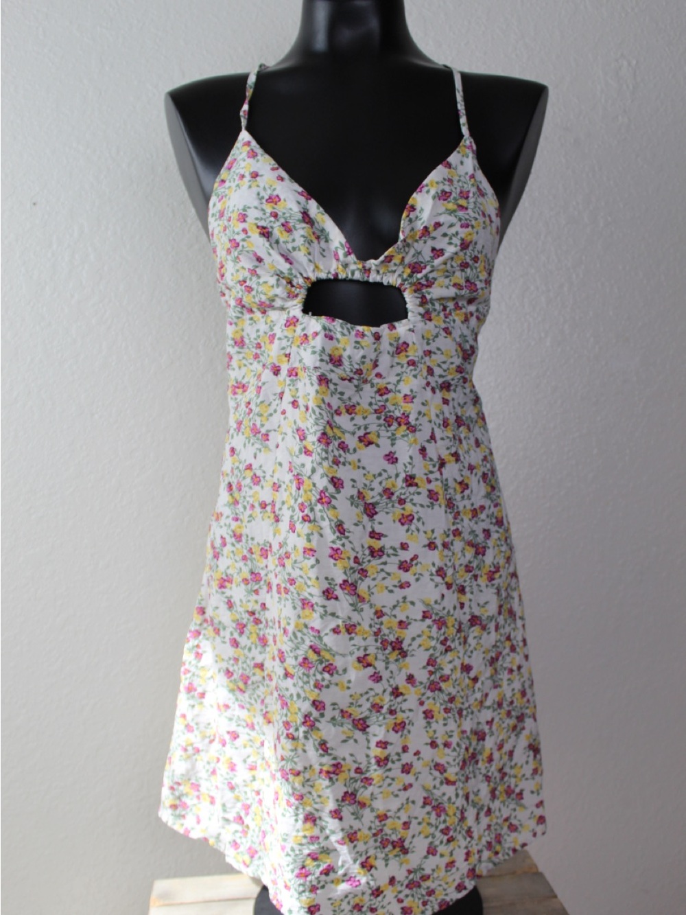 Showpo Size 12 White Floral Cutout Dress with Pink and Yellow Blooms